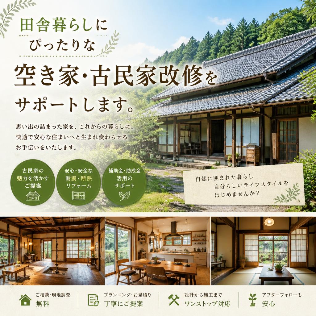 田舎暮らしにぴったりな空き家・古民家改修をサポートします。